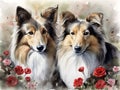 Two Shetland sheepdogs with red roses. Watercolor style