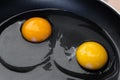 Two shiny bright round yolks in raw transparent whites, uncooked small fried eggs is a simple breakfast in a black skillet.