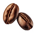 Two shiny fresh roasted coffee beans isolated on white
