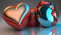 two shiny heart shaped objects are on a reflective surface with reflections