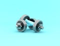 Two shiny iron isolated dumbbells. 3D rendering