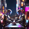 Two shiny metal robots enjoying a hot tea sitting at a cafe table in front of a bright and colorful futuristic city, at night