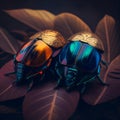 scarabs with colorful body on golden leaf created with Generative AI technology