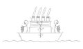 Two Ship Captains or Steersmen Are Steering Ship in Opposite Directions, Boat is Cracking. Vector Cartoon Stick Figure