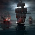 Two ship sailing after a pirate ship Royalty Free Stock Photo