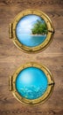 Two ship windows with ocean tropical island and underwater deep Royalty Free Stock Photo