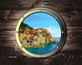 Two ship windows with tropical sea or ocean island. Travel and adventure concept. Royalty Free Stock Photo