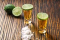 Two shot of gold tequila on a brown wooden background ,selectiv Royalty Free Stock Photo
