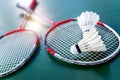 Two shuttlecocks and badminton racket Royalty Free Stock Photo