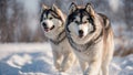 Two Siberian Husky dogs are walking in the snow in winter