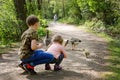 Two siblings kids, Cute little toddler girl and school boy feeding wild geese family in a forest park. Happy children Royalty Free Stock Photo