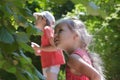 Two siblings playing hide-and-seek among common hazel bush hedgerow Royalty Free Stock Photo