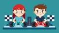 Two siblings sitting side by side deep in concentration as they work together to create a customized racing game