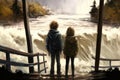 Two siblings stand on a bridge overlooking a raging river during a flood, holding hands tightly as they watch the water