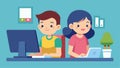Two siblings work side by side collaborating on a program that will help their parents track their daily chores and