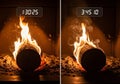 Two side-by-side images show a burning log in a fireplace. On the Royalty Free Stock Photo