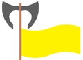 A two sided battle axe with light brown shaft handle and dark grey blades flying a yellow blank flag Royalty Free Stock Photo