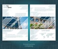 Two sided brochure or flayer template design with exterior building blurred photo elements. Mock-up cover in blue geometric vector
