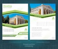 Two sided brochure or flyer template design with buildings blurred photo ellements. Mock-up cover in green vector modern style