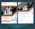 Two sided brochure or flyer template design with buildings exterior blurred black-white photo ellements. Mock-up cover in orange v