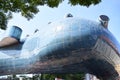 Two sides of the futuristic Kunsthaus Graz building, amorphous blue museum of modern art in Graz on the bank of the Mura river, on