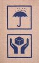 Two signs on cardboard box - Umbrella and Handle with Care Royalty Free Stock Photo