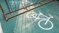 two signs of parking lot for bicycle outdoor near bicycle parking rack Royalty Free Stock Photo