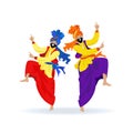 Two Sikh men in turbans and bright clothes dancing traditional bhangra dance at Lohri festival or party