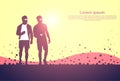 Two Silhouette Men Use Cell Smart Phone Standing Over Abstract Sunset Background Royalty Free Stock Photo