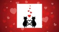 Two silhouetted cats forming a heart shape with falling hearts Royalty Free Stock Photo