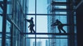Two Silhouetted Construction Workers Cleaning Windows on a Skyscraper Royalty Free Stock Photo