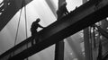 Two Silhouetted Construction Workers on a Steel Beam Royalty Free Stock Photo