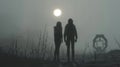 Two silhouetted figures stand side by side their backs facing the camera as they survey the desolate postapocalyptic Royalty Free Stock Photo