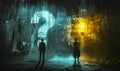 Two silhouetted figures stand before a wall with a question mark and a light bulb, symbolizing the crossroads of uncertainty Royalty Free Stock Photo