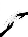 Hands reaching out to connect through lines and dots in a digital representation of communication and collaboration Royalty Free Stock Photo