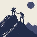 Two silhouettes climbing a mountain and aiding each other in reaching the peak, symbolizing the idea of help and assistance - AI Royalty Free Stock Photo