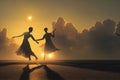Silhouettes of dancing females with long dresses at sunset Royalty Free Stock Photo