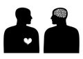 Two silhouettes with heart and brain. Logic and emotion concept.