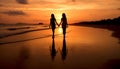 Two silhouettes holding hands, reflecting on the tranquil sunset beach generated by AI Royalty Free Stock Photo