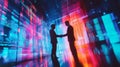 Two silhouettes shake hands against a vibrant digital backdrop. This image symbolizes collaboration and partnership in a tech Royalty Free Stock Photo