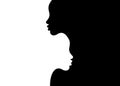 Two silhouettes of a woman head are turned away from each other on a black and white background. Two women faces portrait Vector