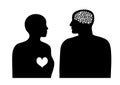 Two silhouettes woman with heart and man with brain. Logic and emotion concept. Psychology of relationships. Gender