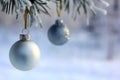 Two Silver Balls on Pine Tree in Winter Forest Royalty Free Stock Photo