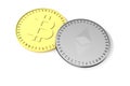 Two silver coins with the symbol of the Ethereum, Etherium above and a gold one with the Bitcoin symbol below in a white backgroun