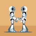 Two silver humanoid robots shaking hands