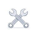 Two silver metallic wrenches crossed in an X-shape, symbolizing repair, maintenance, service, and essential engineering Royalty Free Stock Photo