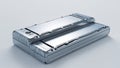 Two metallic silver rectangular objects with reflective surfaces on a white background studio shot Royalty Free Stock Photo