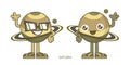 Two Simple Funny Isolated Happy Smiling Saturn Planet Cartoon Characters