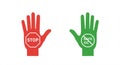 Two simplified hand graphics are depicted on a white background. The left hand is red