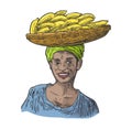 Two single and bunches of fresh banana with leaf. African woman carries a basket with fruits on her head. Royalty Free Stock Photo